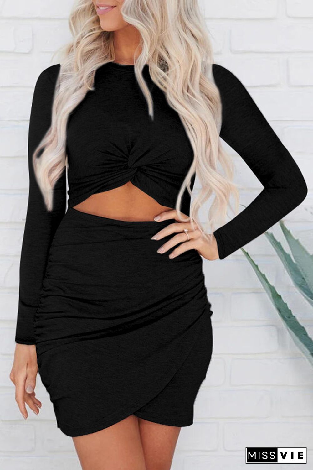 Black Long Sleeve Cut-out Twist Ruched Bodycon Mini Dress