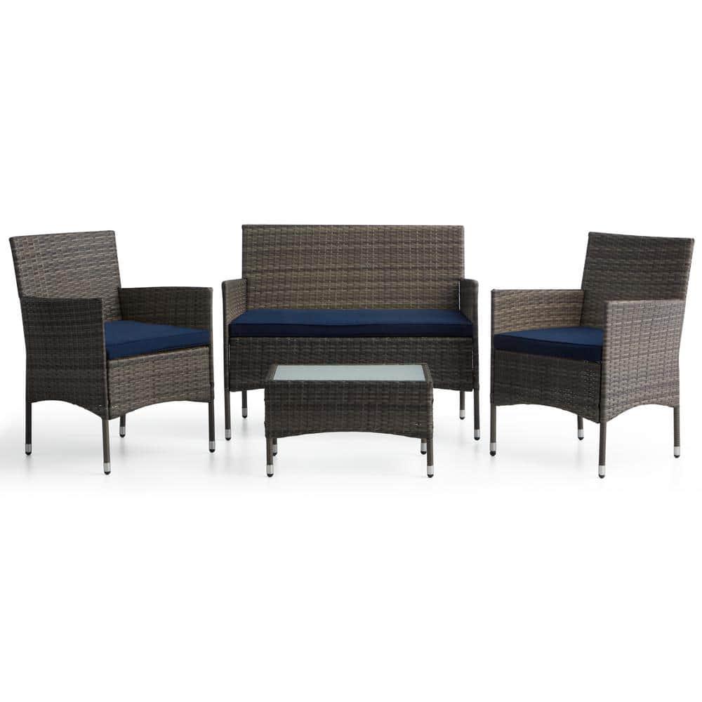 Brookside Iris Gray 4Piece Rattan Outdoor Conversation Seating Set and Patio Table with Navy Cushions