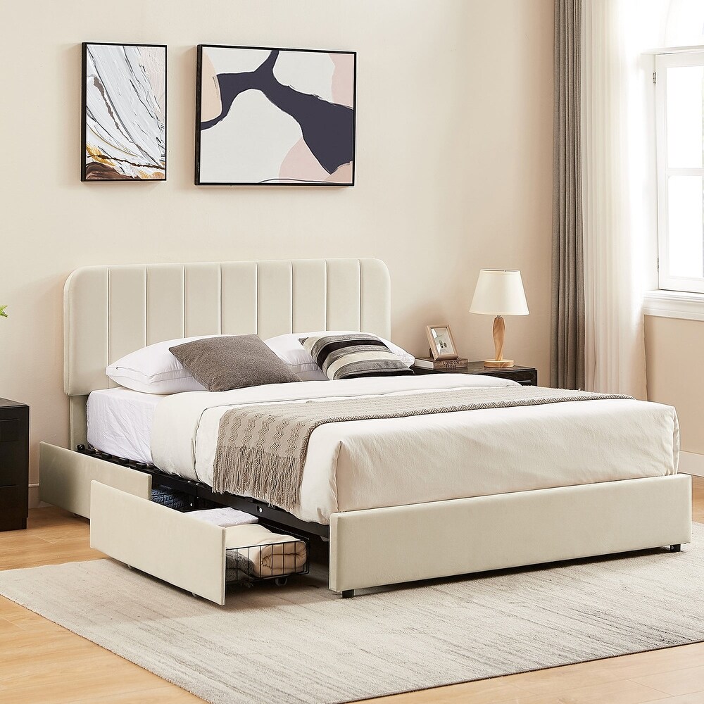 VECELO Upholstered Full/Queen Size Platform Bed Frame with 4 Storage Drawers and Headboard  No Box Spring Needed