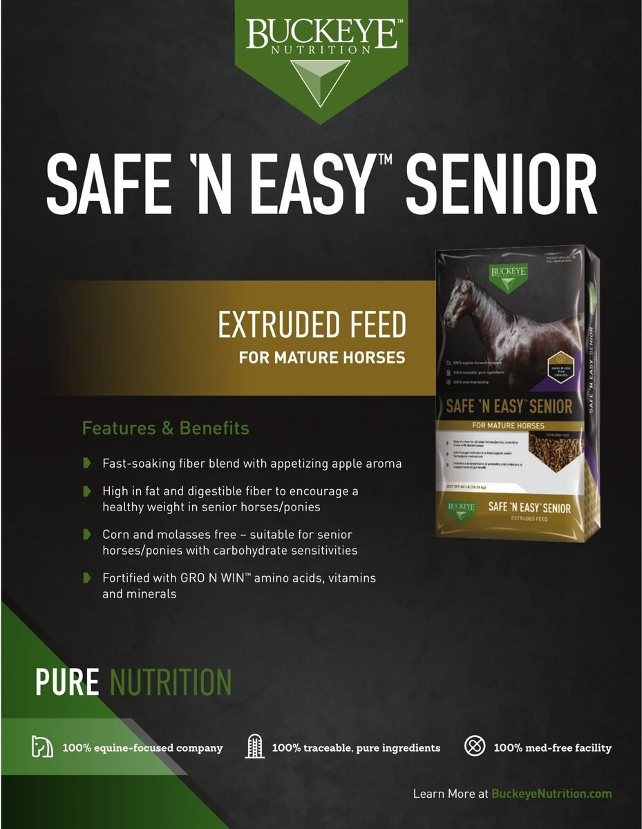 Buckeye Nutrition Safe N' Easy Senior Low Sugar， Low Starch Senior Horse Feed