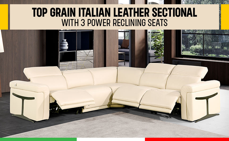 Giovanni 5 Piece 3 Power Reclining Italian Leather Sectional   Contemporary   Sectional Sofas   by Luxuriant Furniture  Houzz