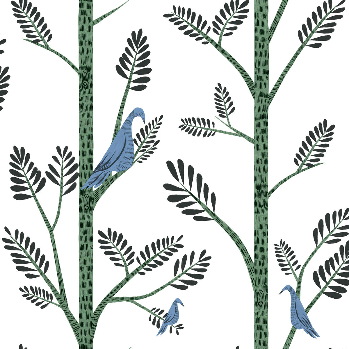 Aviary Branch Peel & Stick Wallpaper in Blue and Green from the Risky Business III Collection