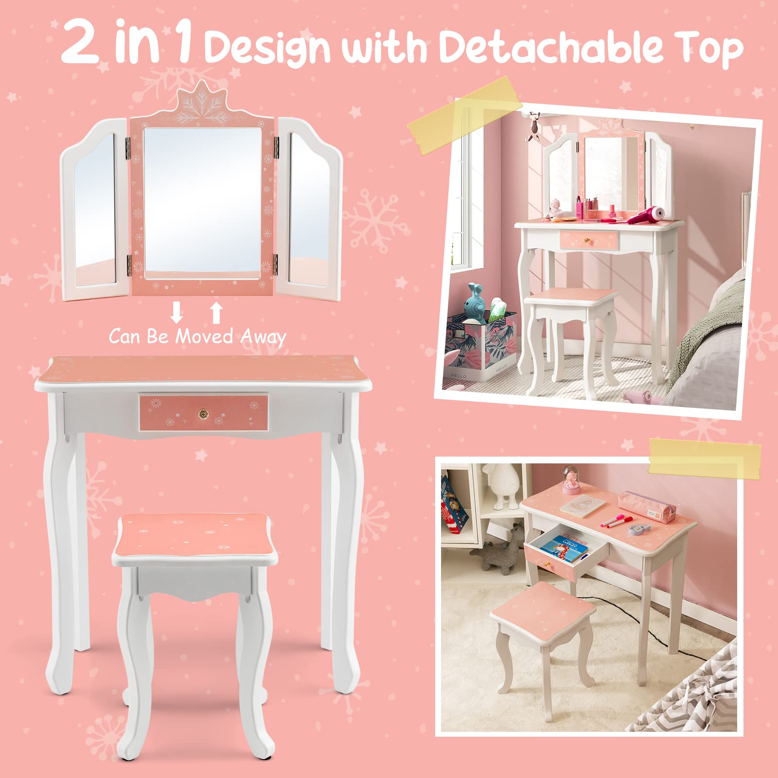 Costzon Kids Vanity Table and Chair Set, Girls Vanity Set with Mirror and Stool, Pretend Play Vanity Set for Little Girls