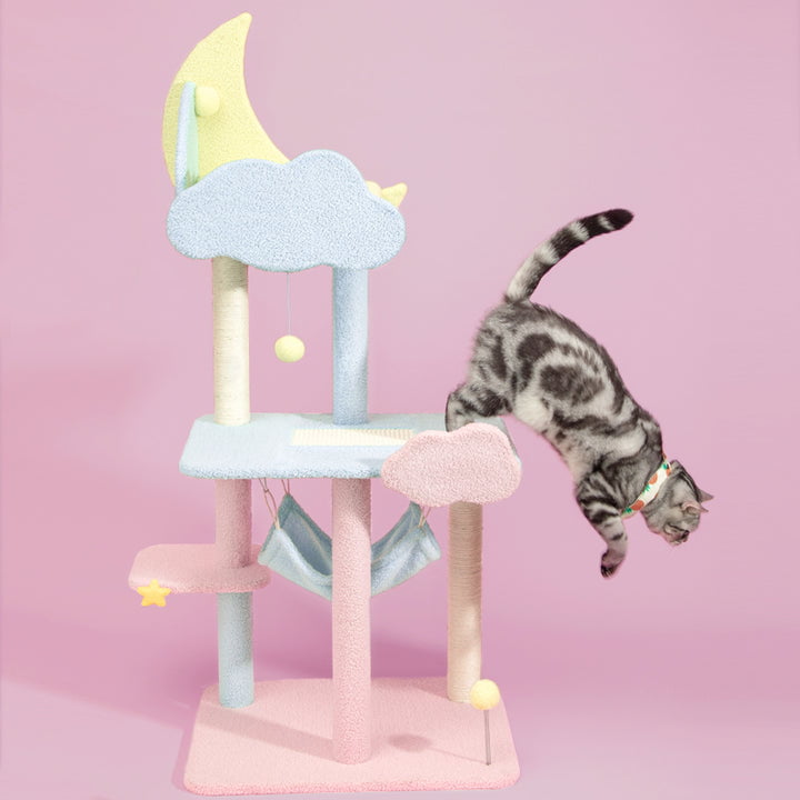 Happy and Polly 55” Multilevel Cat Tree with Hammock and Scratching Post Tower， Starry Sky Cat Tree for All Breed Cats， Blue Pink