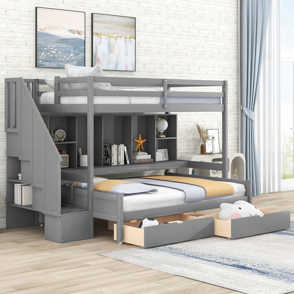 Gray Twin XL over Full Bunk Bed with Built in Storage Shelves  Drawers and Staircase  97.2''L*118.3''W*66.1''H  286.5LBS