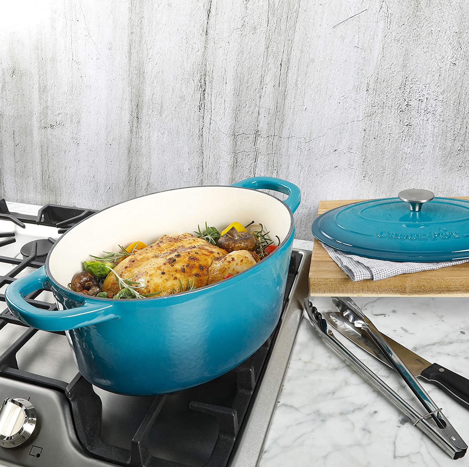 Crock-Pot 109475.02 Artisan Oval Enameled Cast Iron Dutch Oven， 7-Quart， Teal Ombre