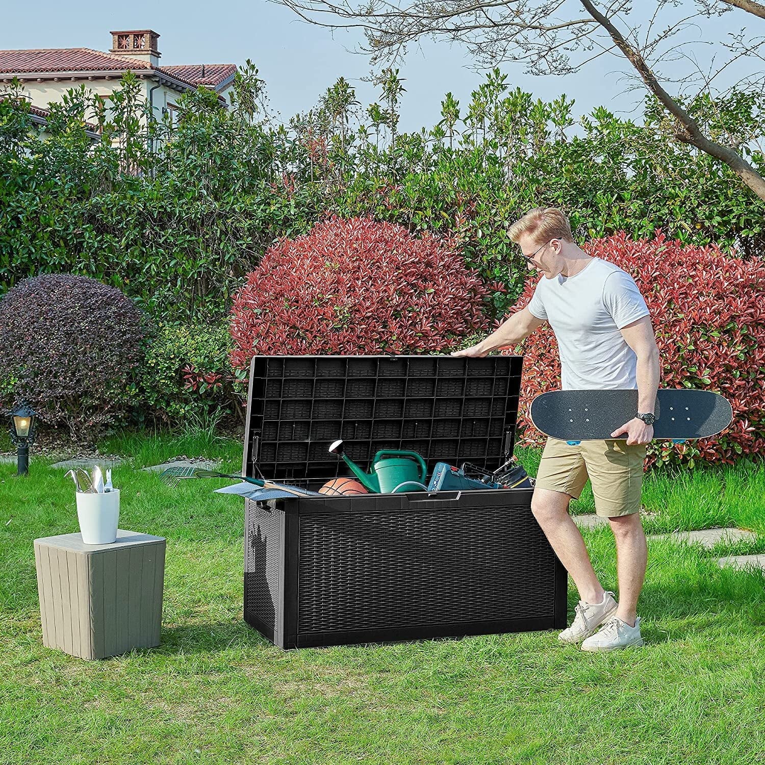 DWVO Deck Box: 100 Gallon Patio Large Storage Cabinet Large Resin Patio Storage for Outdoor Pillows, Garden Tools and Pool Supplies, Waterproof, Lockable | Black