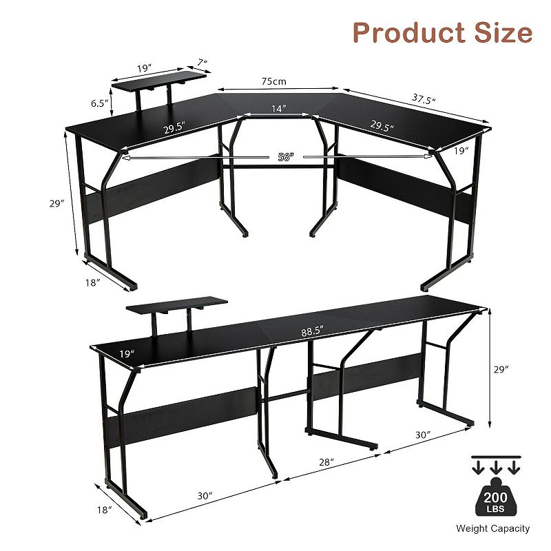 88.5 Inch L Shaped Reversible Computer Desk Table with Monitor Stand