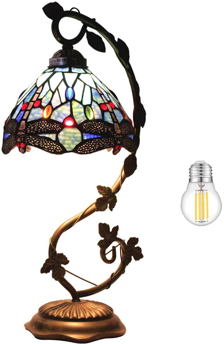 SHADY Tiffany Lamp Blue Stained Glass Dragonfly Style Table Lamp  Metal Leaf Base 8X10X21 Inches Desk Light Decor Small Space Bedroom Home Office S004 Series