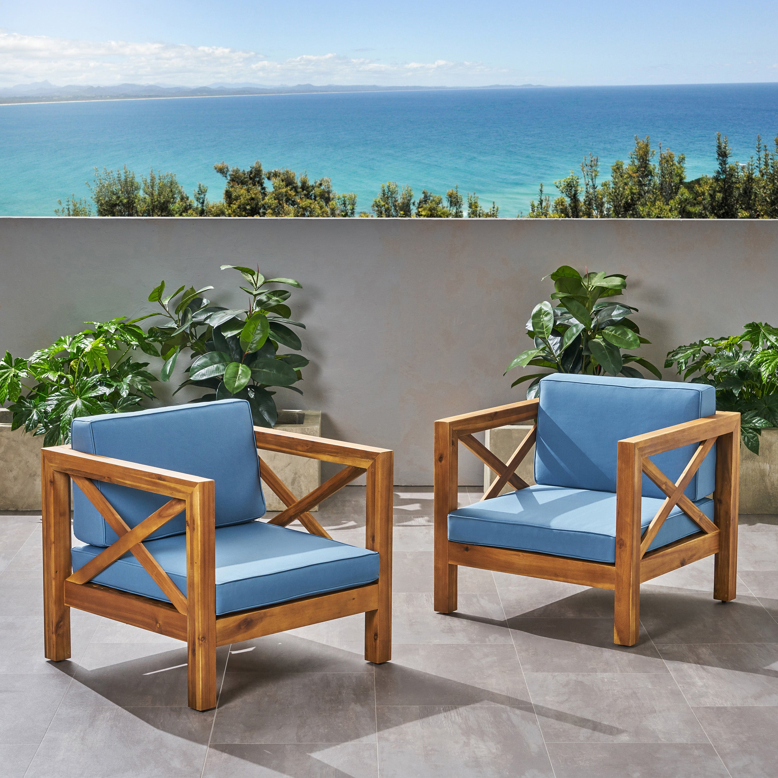 Indira Outdoor Acacia Wood Club Chairs with Cushions (Set of 2)