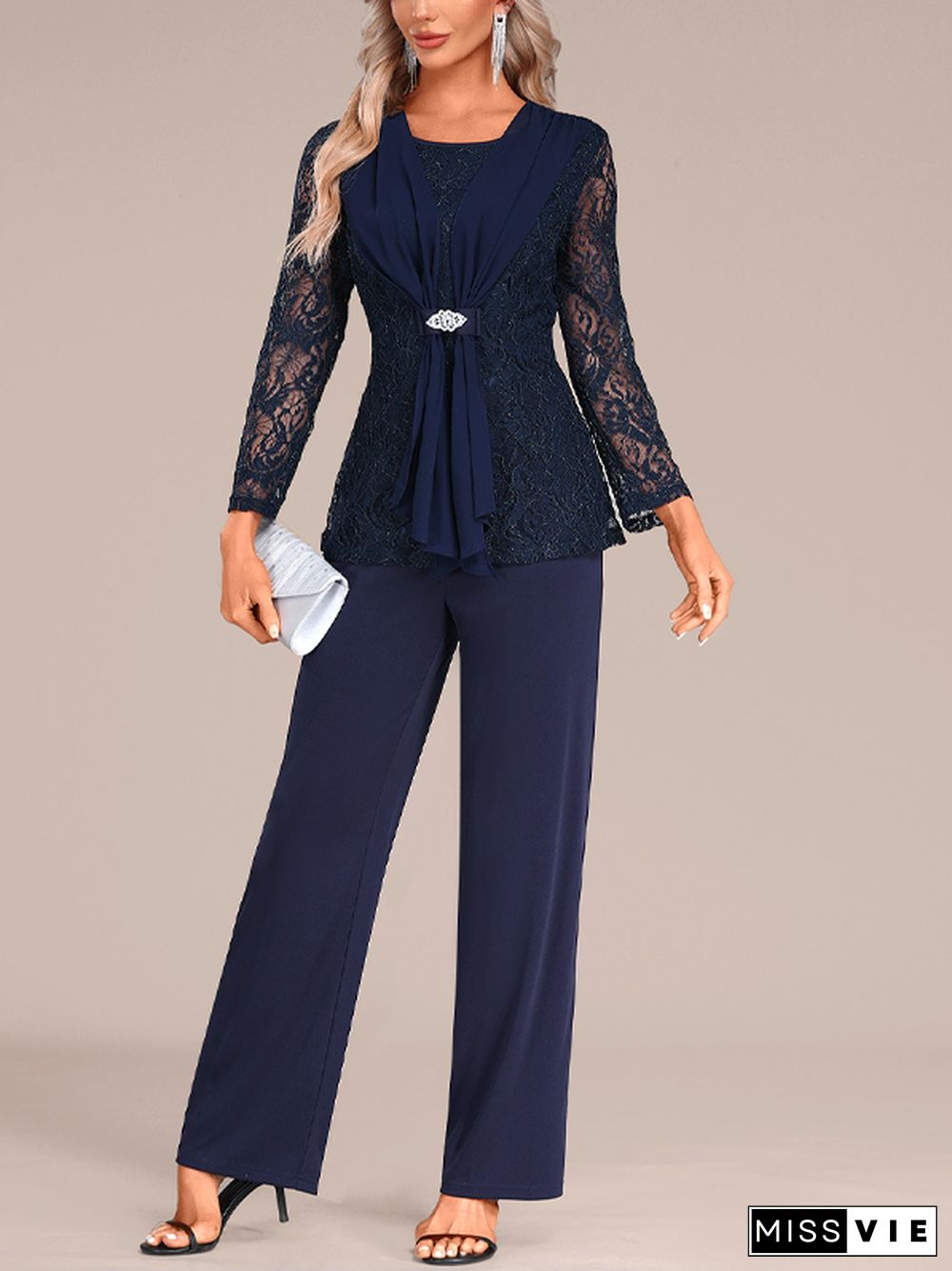 Lace Solid Color Long Sleeve Jumpsuit