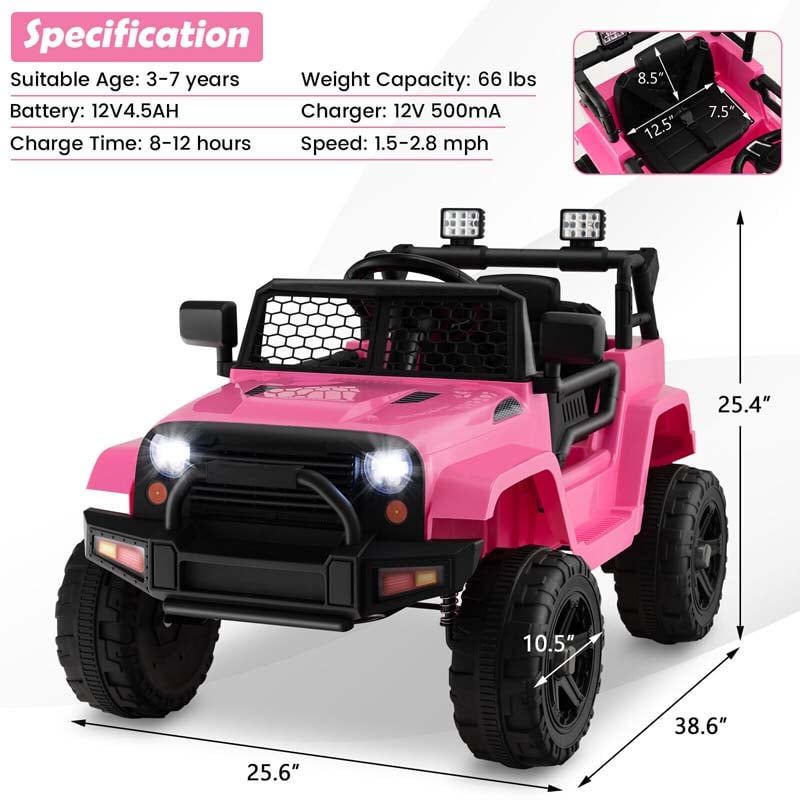 12V Kids Ride On Truck Car Battery Powered Electric Vehicle RC with Mesh Windshield & Bright Headlights