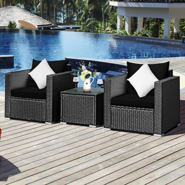 Costway 3pcs Patio Rattan Wicker Furniture Set Sofa Table W cushion Yard Red turquoise Navy black