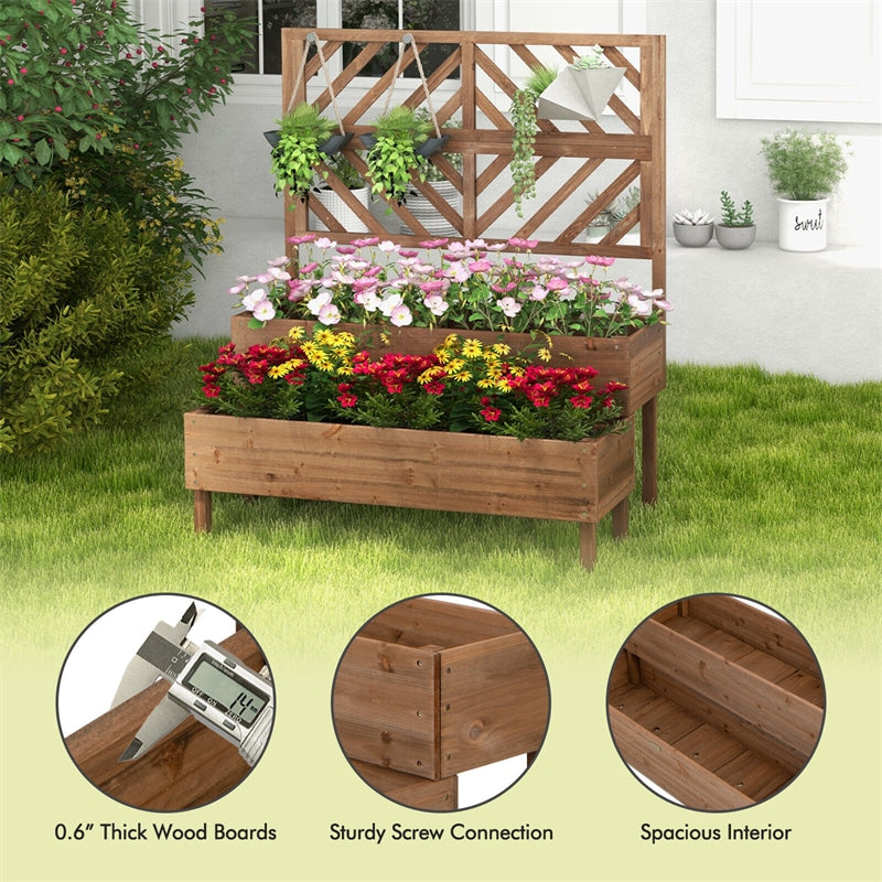 2-Tier Raised Garden Bed with Trellis Outdoor Wooden Elevated Planter Box for Vegetables