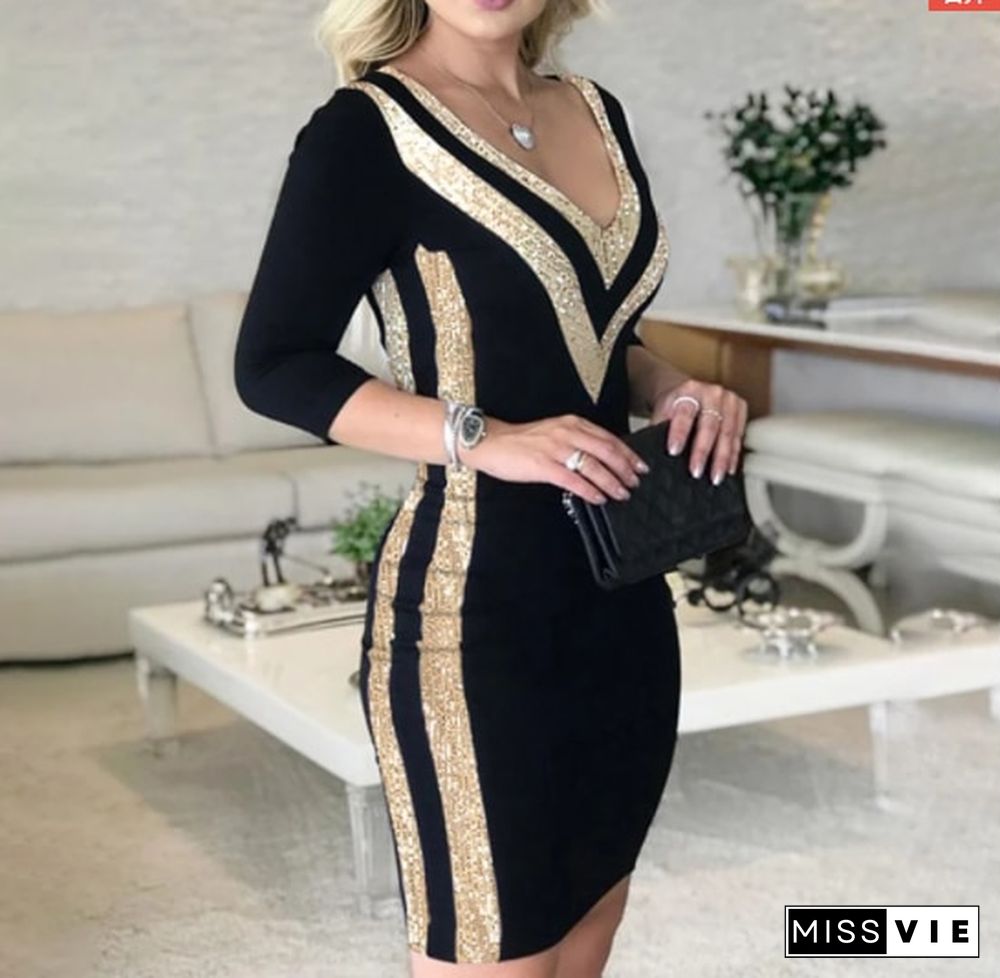 Women Sexy V Neck Long Sleeve Party Dress Striped Tape Bodycon Dress