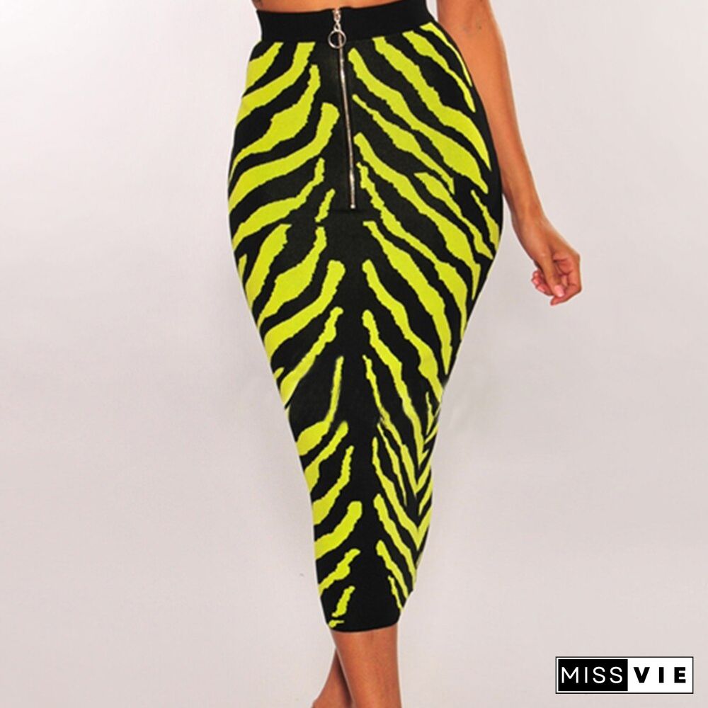 New Arrival Fashion Long Bandage Skirt Women Lime Zebra Print Bodycon Bandage Skirt Midi Club Party Skirt