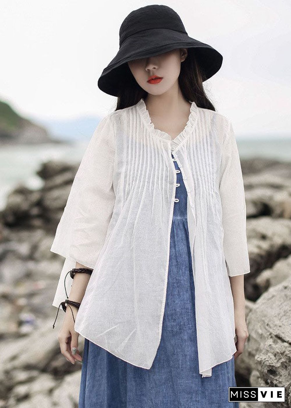 Art White Ruffled Solid Cotton Shirt Tops Three Quarter sleeve