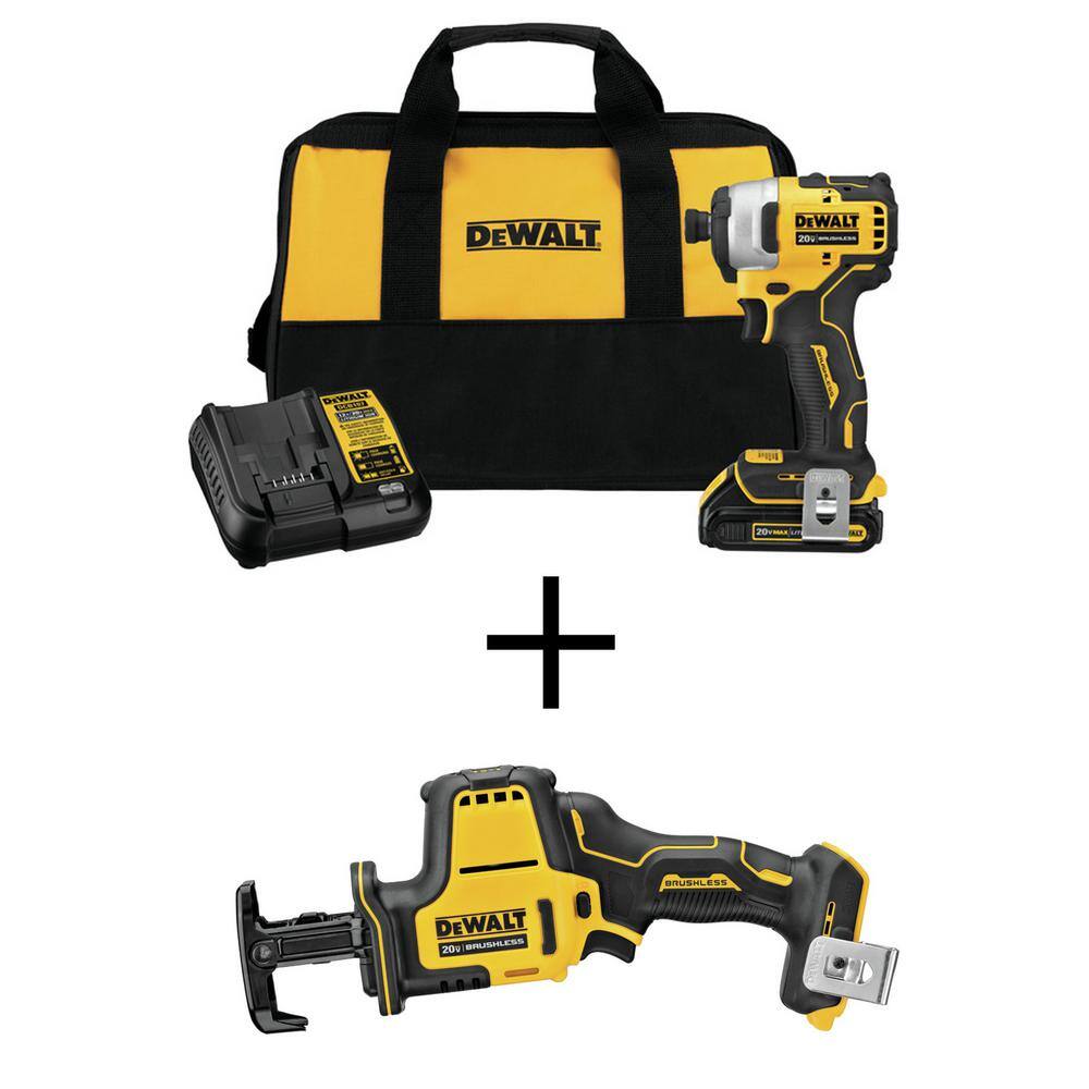 DW ATOMIC 20V MAX Li-Ion Brushless Cordless Compact 14 in. Impact Driver Kit and 20V Compact Recip Saw DCF809C1W369