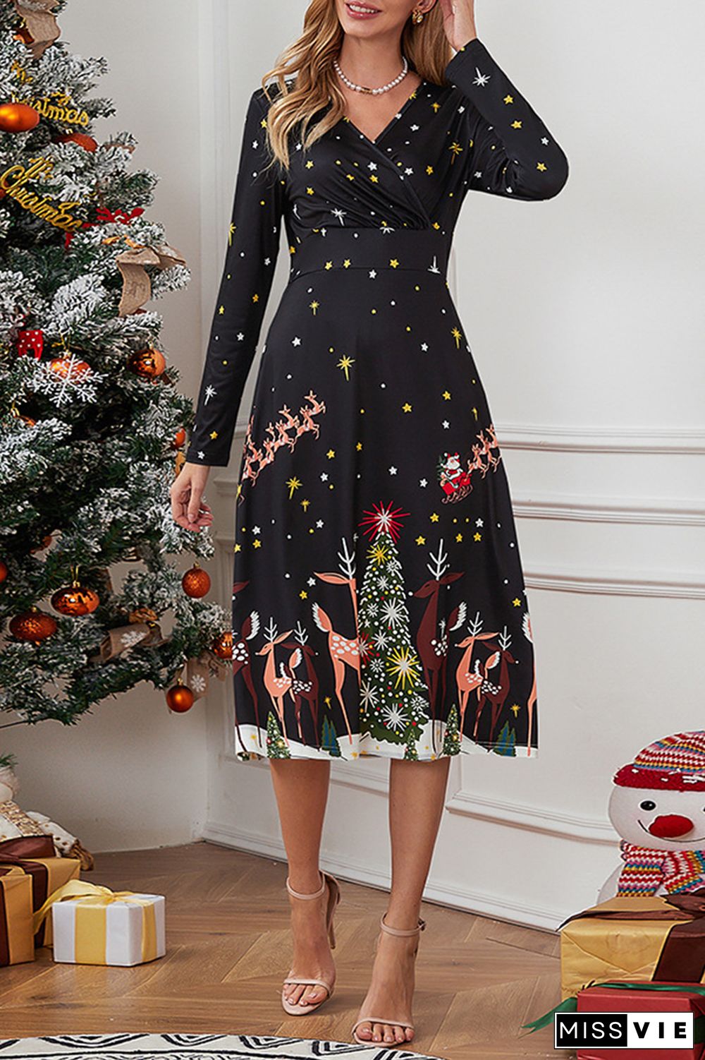 Sexy Party Wapiti Snowflakes Santa Claus Christmas Tree Printing Printed Dress Dresses