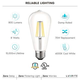 LUXRITE 75W Equivalent ST19 ST58 Dimmable Edison LED Light Bulbs 8-Watt 800 Lumens UL Listed 4000K Cool White E26 Base (4-Pack) LR21652-4PK