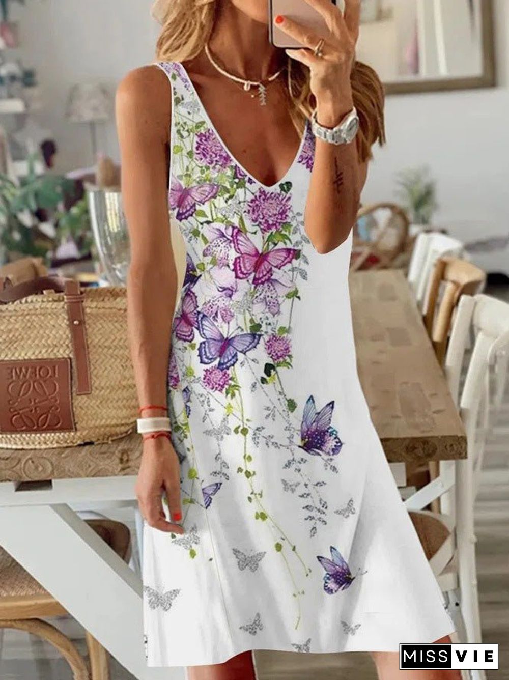 Women'S Dresses Printed V-Neck Sleeveless Dress