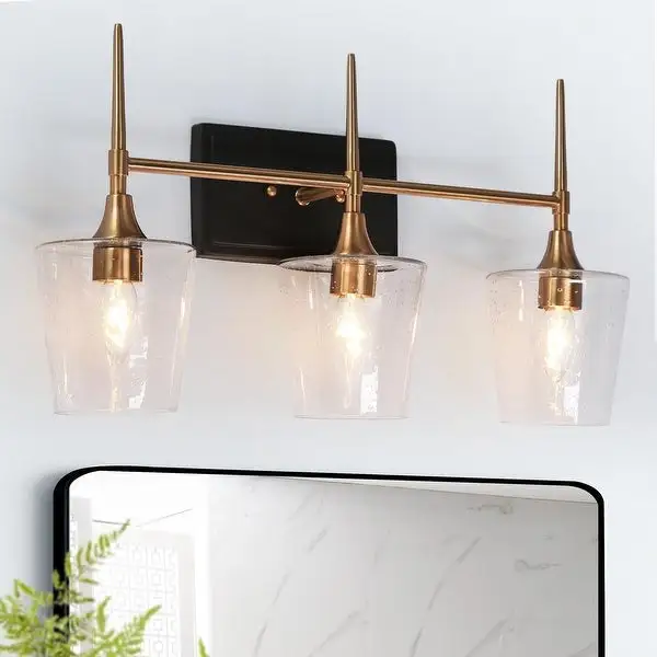 Modern Black Gold 3-Light Bathroom Vanity Light Dimmable Wall Sconces with Wine Glass - 21.5