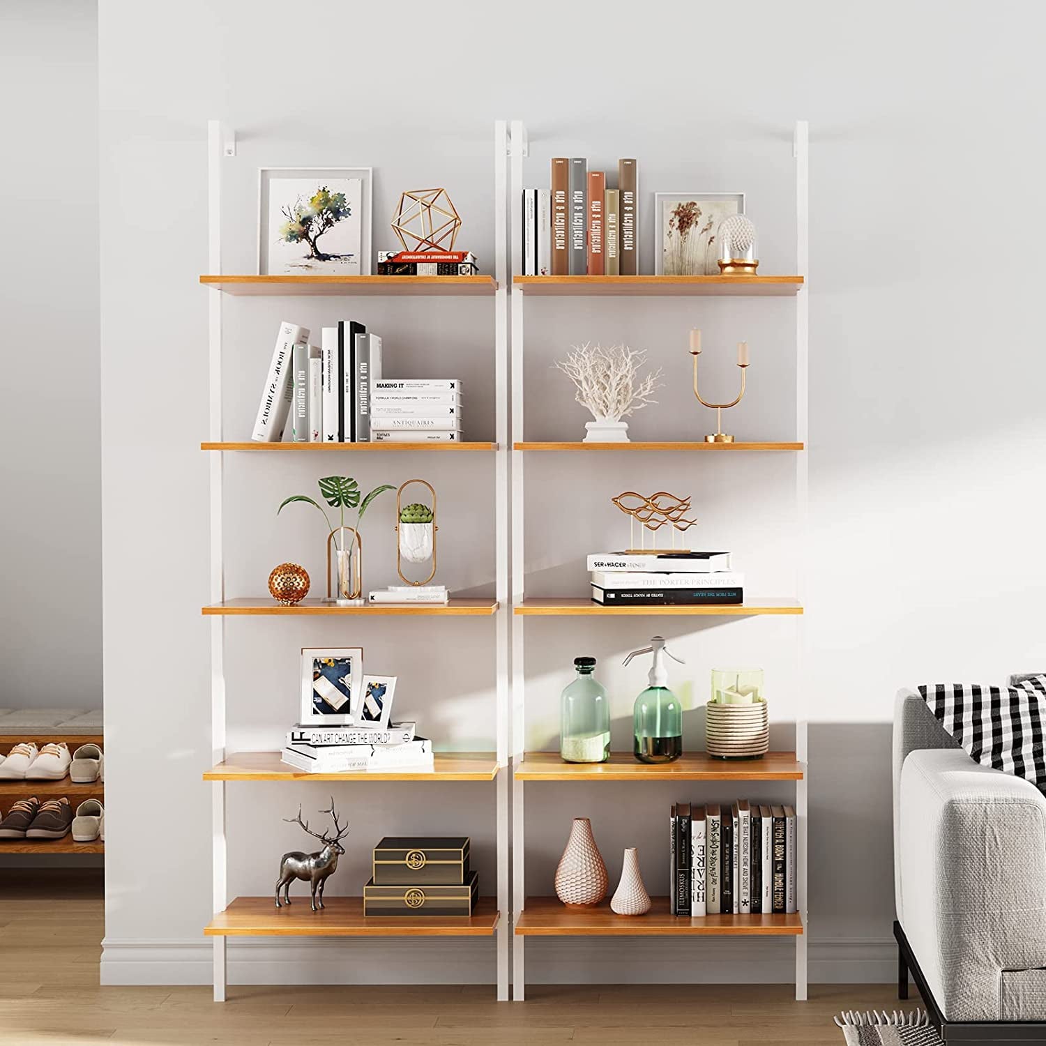 SogesPower 5-Tier Bookshelf with Metal Frame, Wall-Mounted Ladder Shelf, Bookcase Plant Flower Display Stand for Kitchen, Living Room, Bedroom, Office