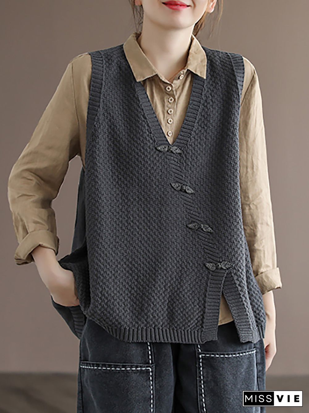 Plus Size Women Button Knitted Vest Waistcoat Sweater