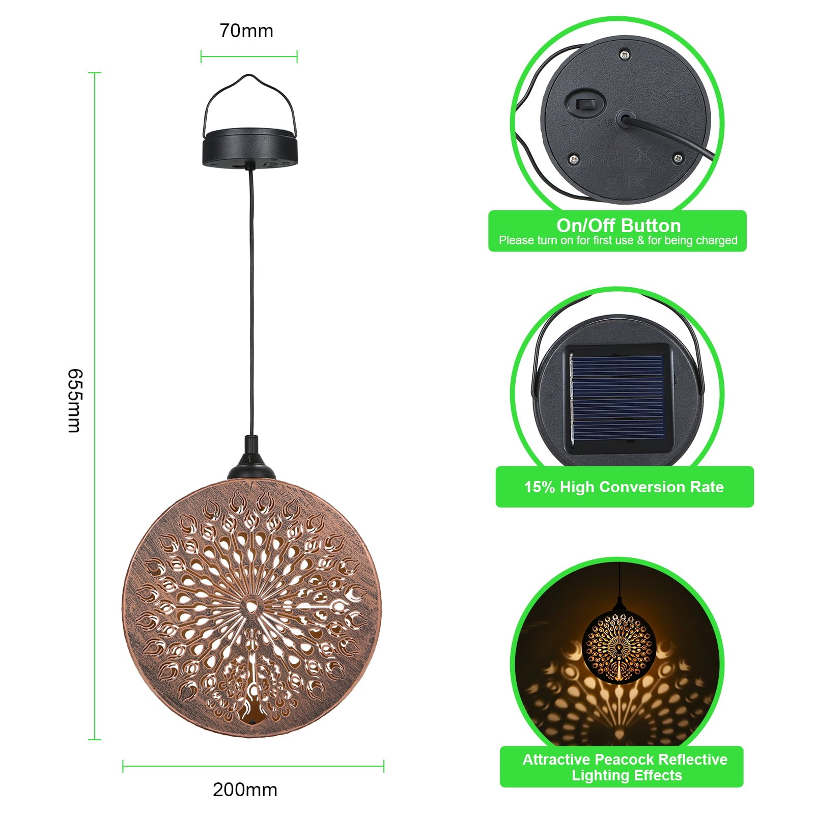 Neoglint 2Pack Hanging Solar Lanterns Outdoor Waterproof， Metal LED Peacock Solar Lanterns， Garden Decorative Light for Porch Patio Pathway