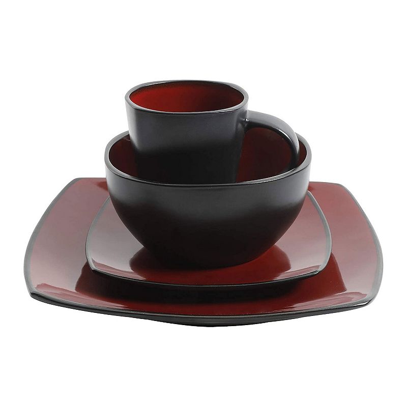 Gibson Soho Lounge 16 Piece Reactive Glaze Dinnerware Plates， Bowls， and Mugs， Red