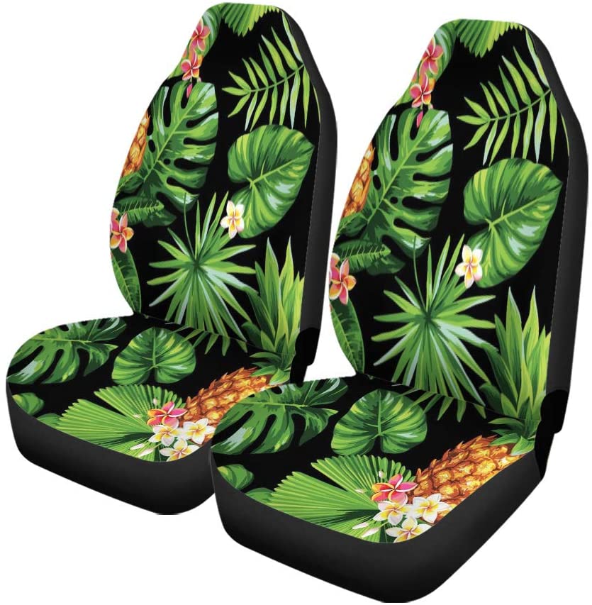 ZHANZZK Set of 2 Car Seat Covers Green Pattern Hawaiian Pineapples Tropical Palm Leaves and Flowers Universal Auto Front Seats Protector Fits for Car，SUV Sedan，Truck