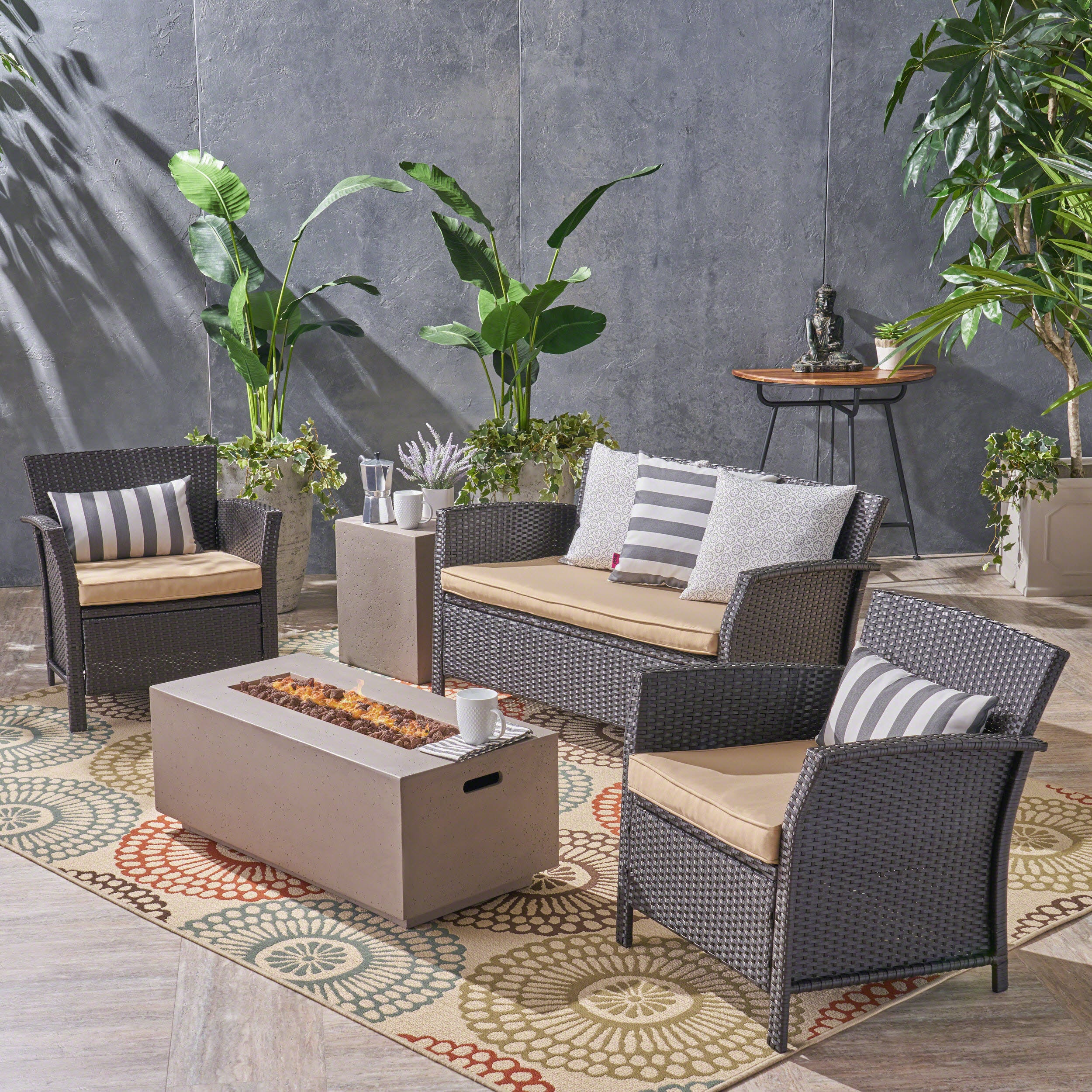 Laiah Outdoor 4 Seater Wicker Chat Set with Fire Pit