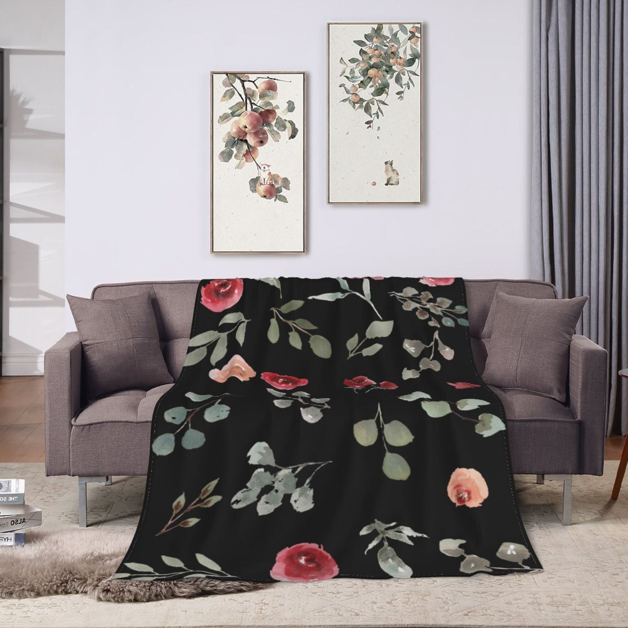 Red Watercolorl Floral Pattern Throw Blanket，Super Soft Anti-Pilling Flannel Bed Blankets， 40