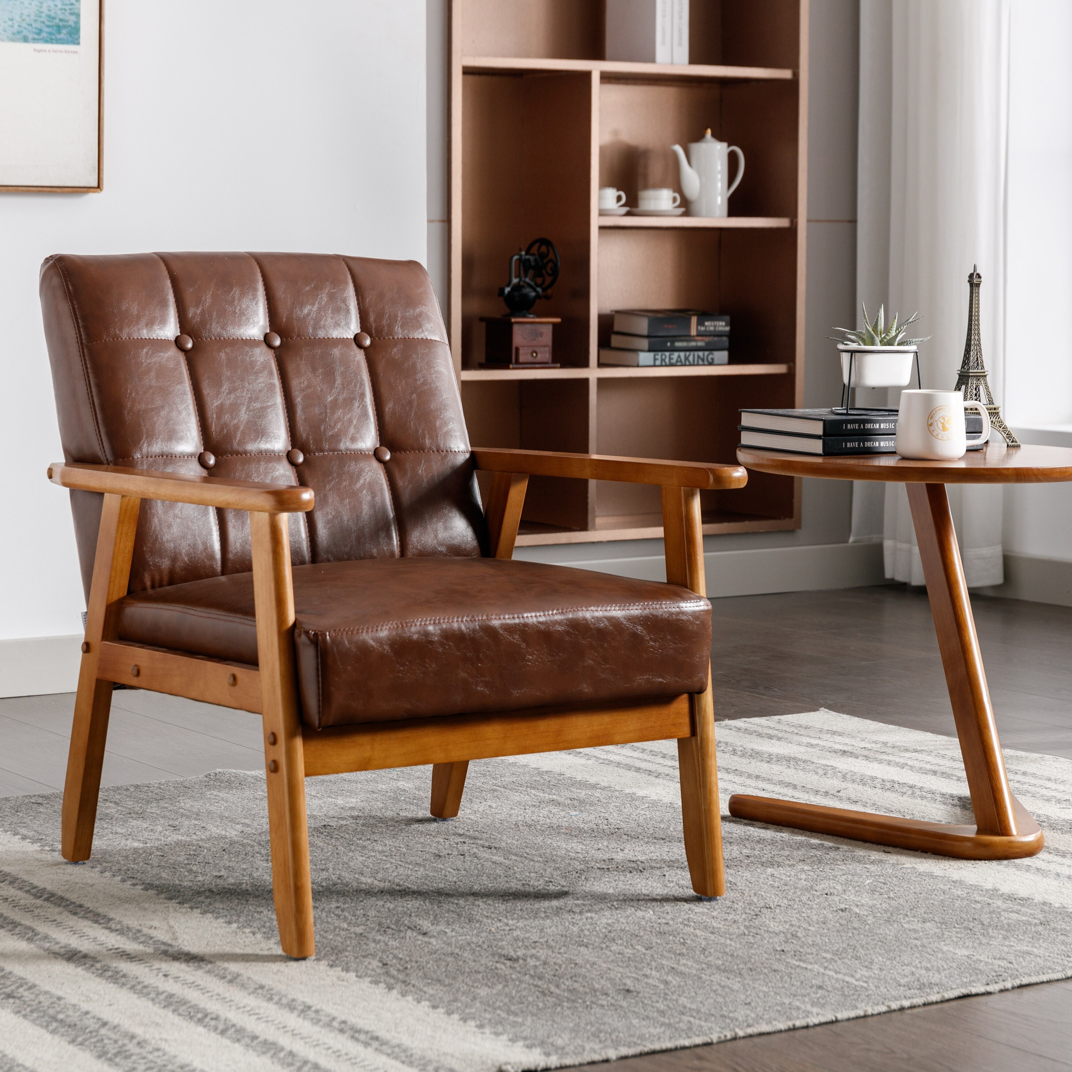 SEYNAR Mid-Century Modern PU Leather Accent Armchair with Rubberwood Frame