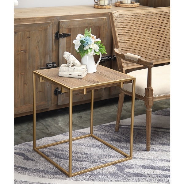 Connexion Decor Portam Reclaimed Elm and Metal Corner Coffee Table in Natural/Brass