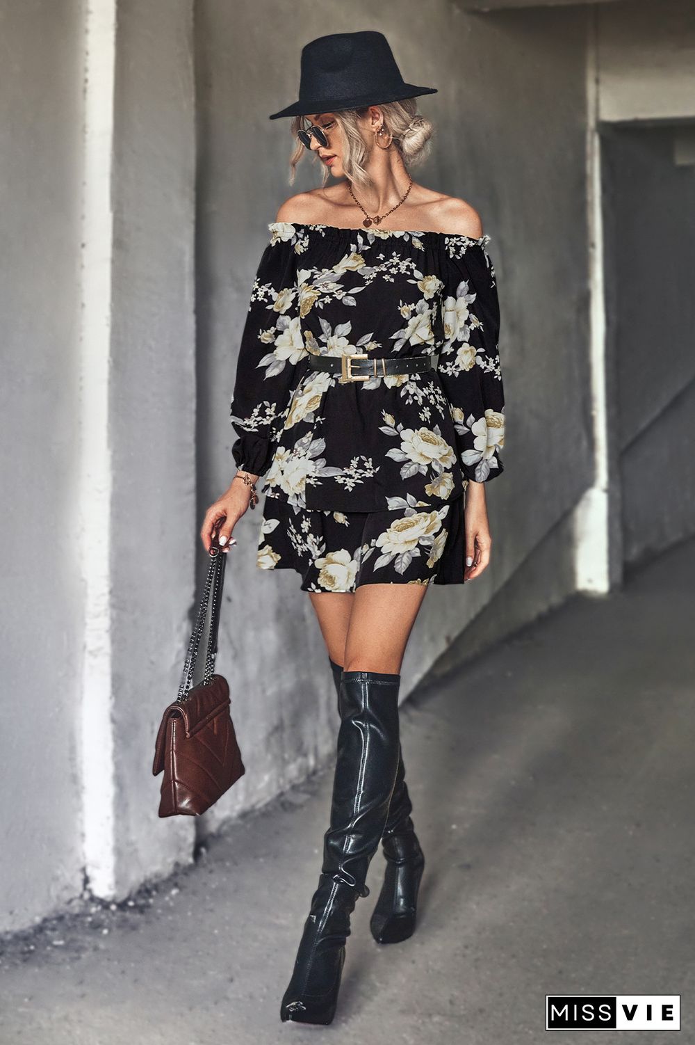 Off Shoulder High Waist Long Sleeves Floral Dress