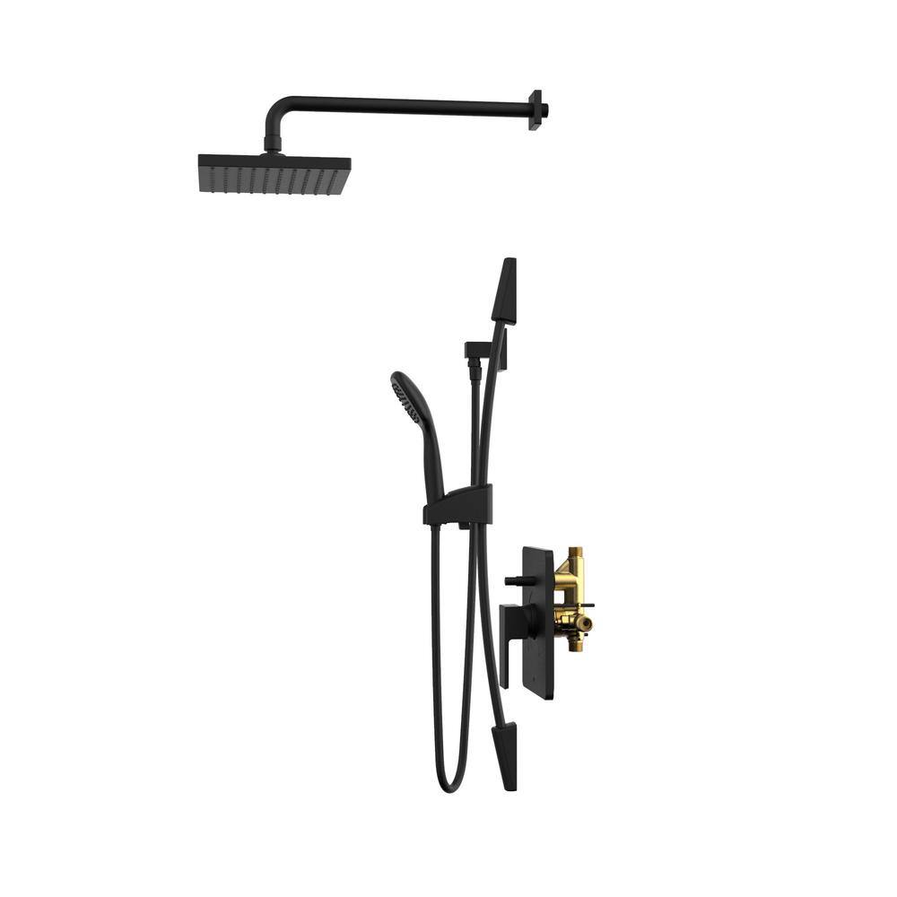 KEENEY Belanger 1-Spray Square Hand Shower and Showerhead from Wall Combo Kit with Slide Bar and Valve in Matte Black KIT-QUA130CMB