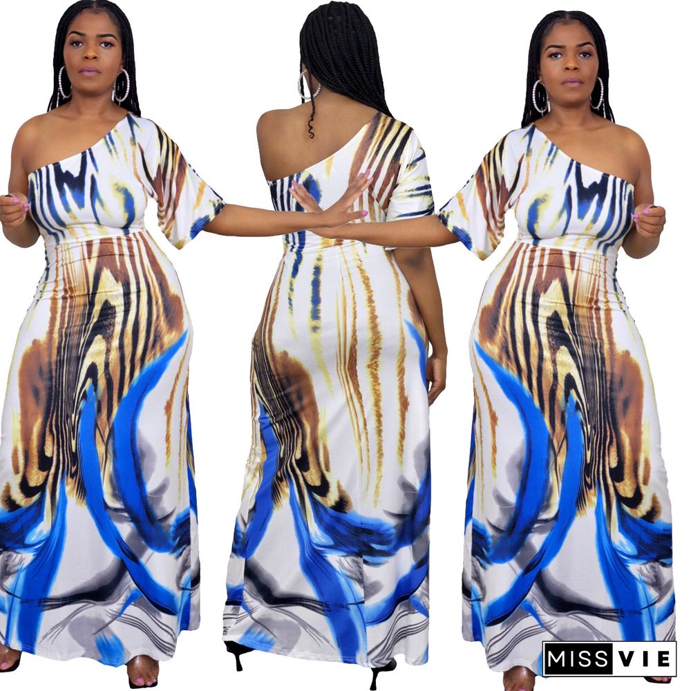 Summer Fashion Women Print Skew Shoulder Short Sleeve Loose Fit Beach Party Long Maxi Dress