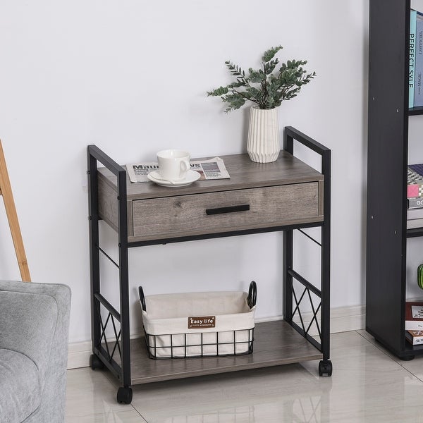 HOMCOM Industrial Style Side Table with 1 Drawer， Shelf， Wheels Wooden Bedside Table Night Stand， Home Furniture， Grey