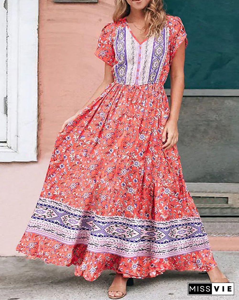 Casual Vintage Boho Print Dress