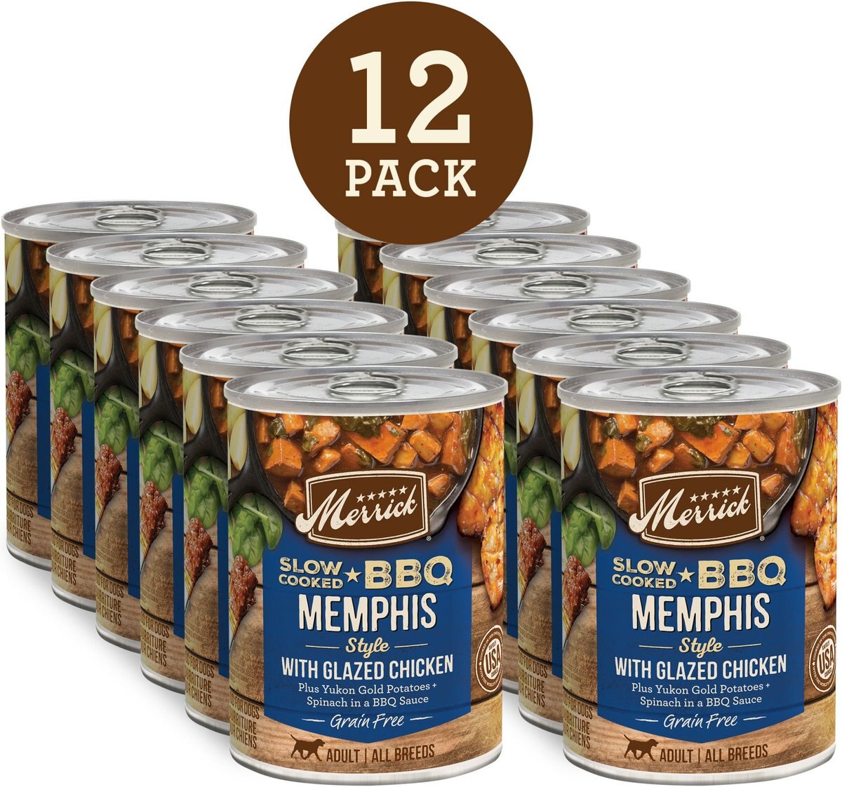 Merrick Slow-Cooked BBQ Memphis Style Glazed Chicken Recipe Grain-Free Canned Dog Food， 12.7-oz can， case of 12