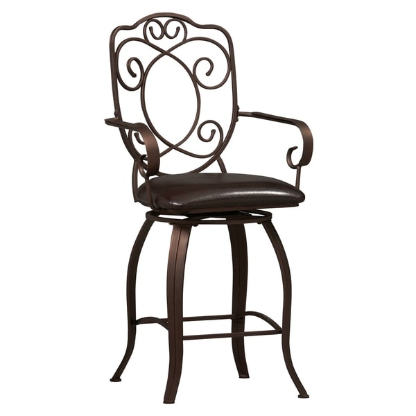 Metal Counter Stool with Armrests and Scrollwork Details， Brown