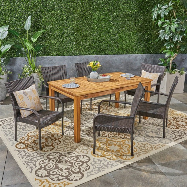 Hayes 7pc Wood amp Wicker Expandable Dining Set Natural brown Christopher Knight Home