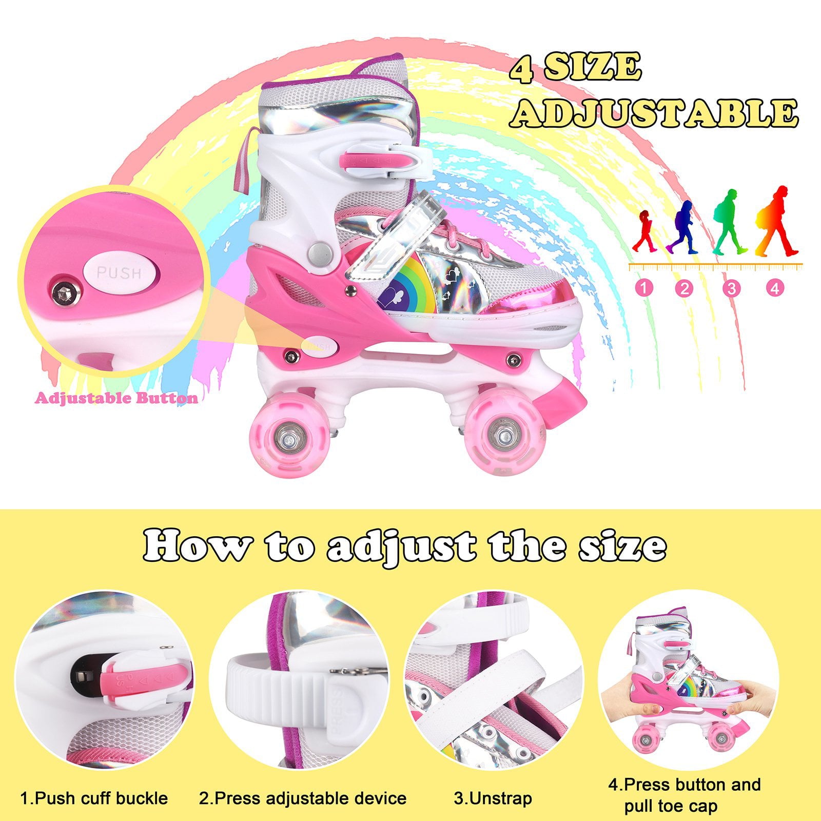 Roller Skates Adjustable Size with Light Up Flash LED 4 Wheels Fun Illuminating for Kids Children Boys Girls Multicolor， Size 10C-13C (Pink)