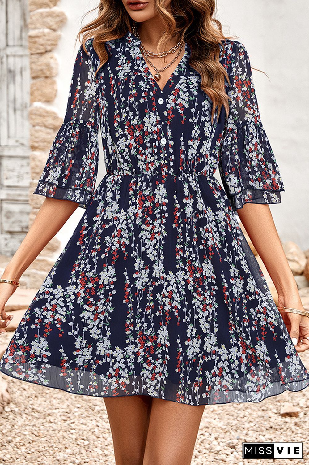 V Neck Buttoned Down High Waist Floral Dress