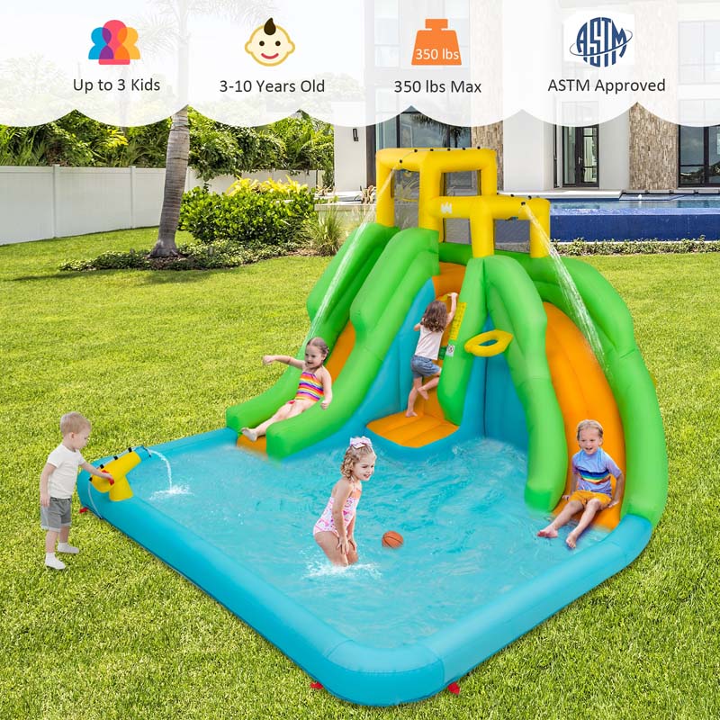 6-in-1 Kids Inflatable Bounce House Dual Slides Water Park with Climbing Wall, Splash Pool, Water Cannon, Air Blower