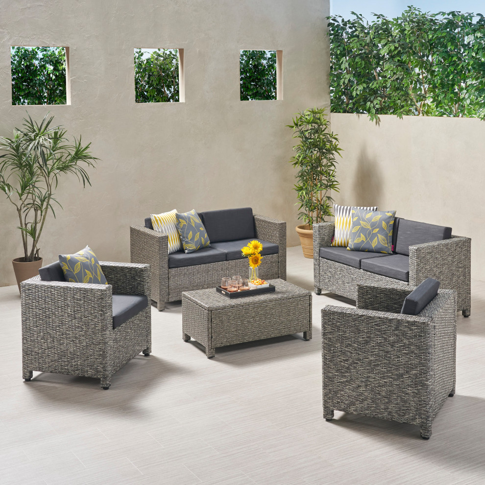 Doreen Outdoor 6 Seater Loveseat Chat Set with Cushions   Tropical   Outdoor Lounge Sets   by GDFStudio  Houzz