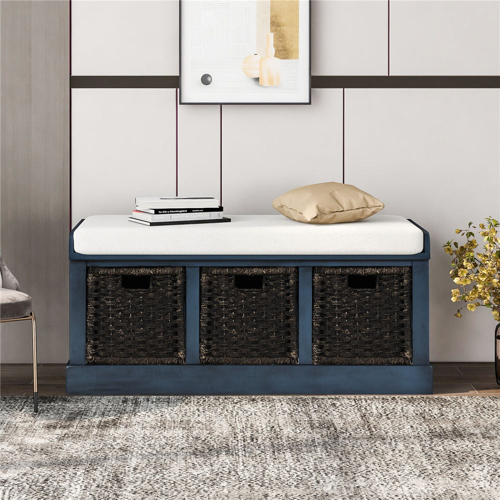 3 Cube Storage Bench Wooden Sofa Seat Bench with 3 Wicker Baskets Removable Cushion Organizer Storage Bench Ottoman for Hallway Bedroom Living Room No Assemble Needed Navy