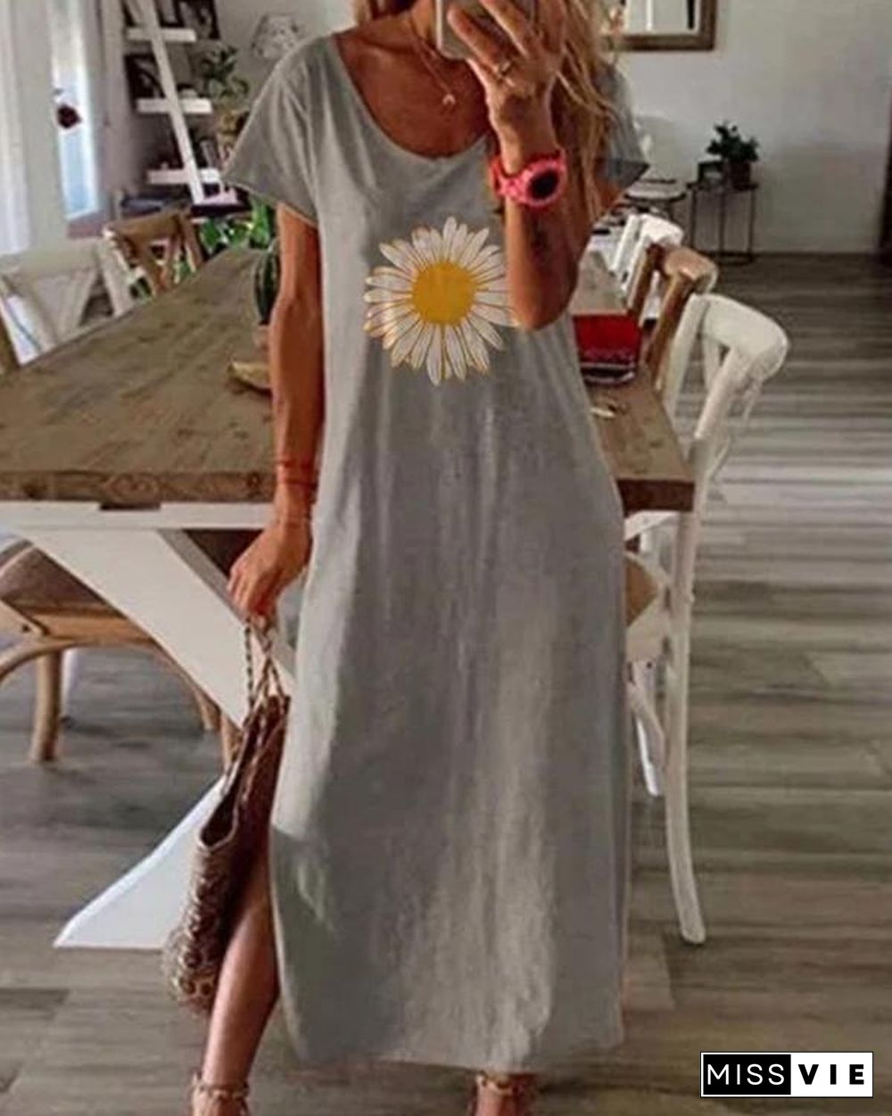 Women Daisy Caftan Slit Casual Floral Dresses