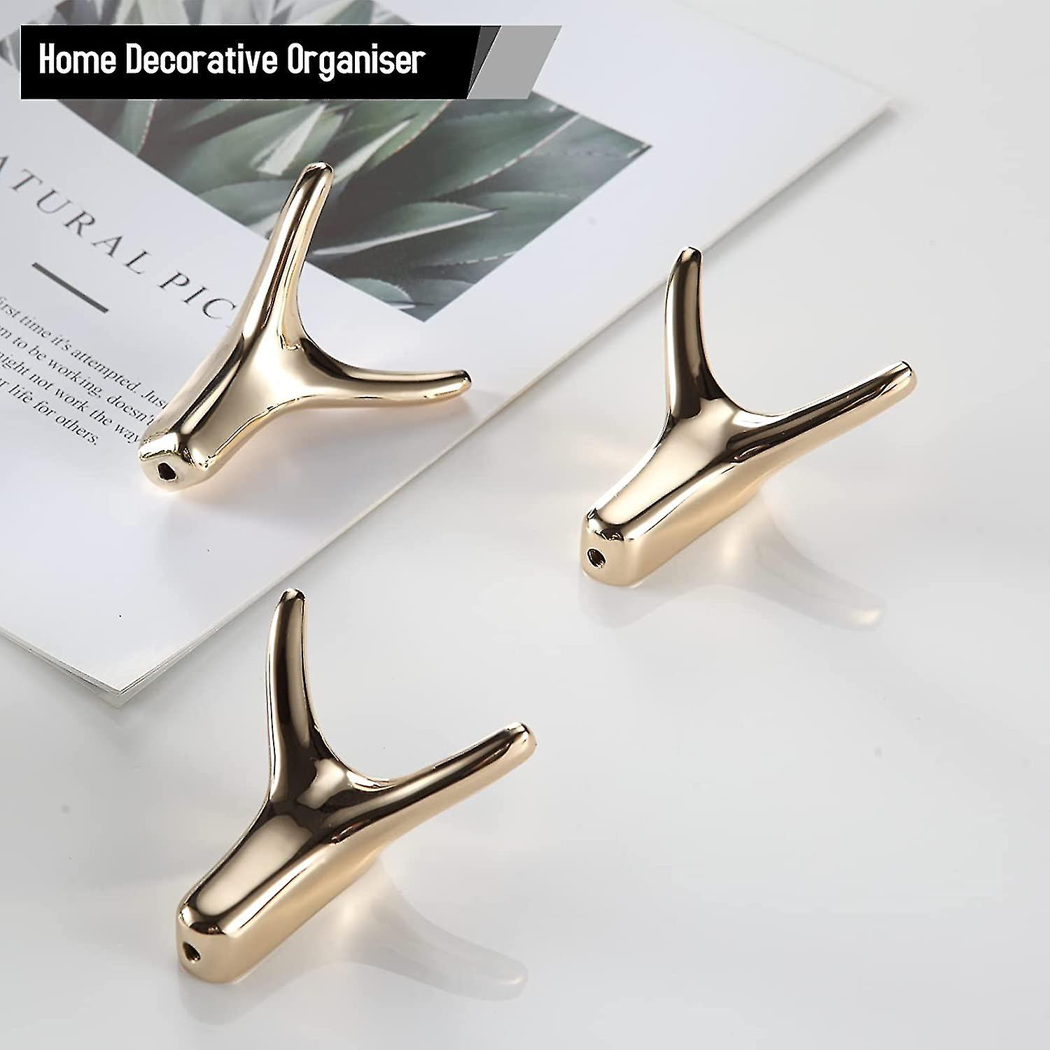 Set Of 3 Gold Adhesive Wall Hooks Horn Shaped For Bathroom And Kitchen